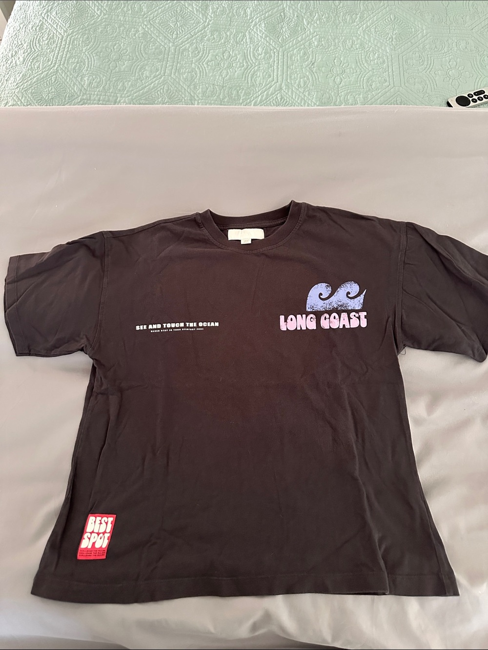 ZARA Long Coast Graphic Tee in Black with Purple Logo